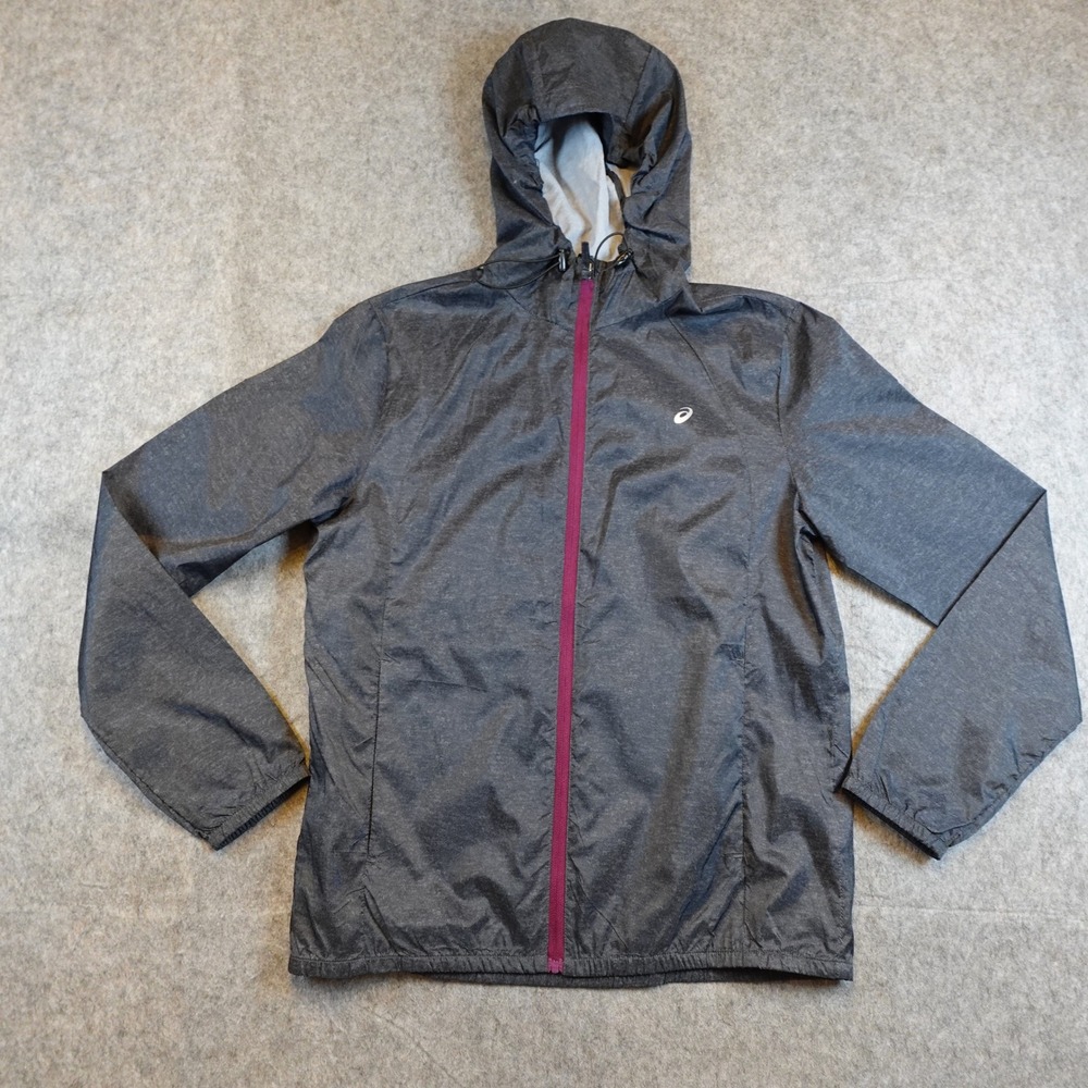 Asics Jacket Womens Medium Gray Hooded Full Zip Lightweight Windbreaker Running